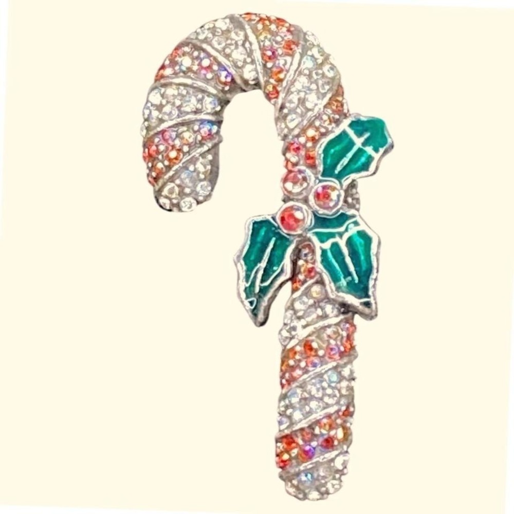 Sparkling Candy Cane Christmas Brooch Rhinestone Enamel Holly Accent Holiday Pin